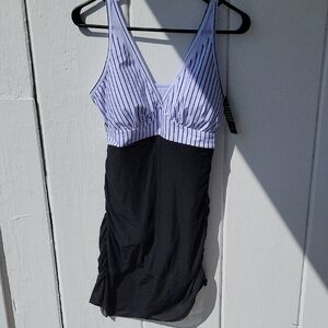 Striped Black and White One Piece Swimsuit With Shirred Sides Over Skirt